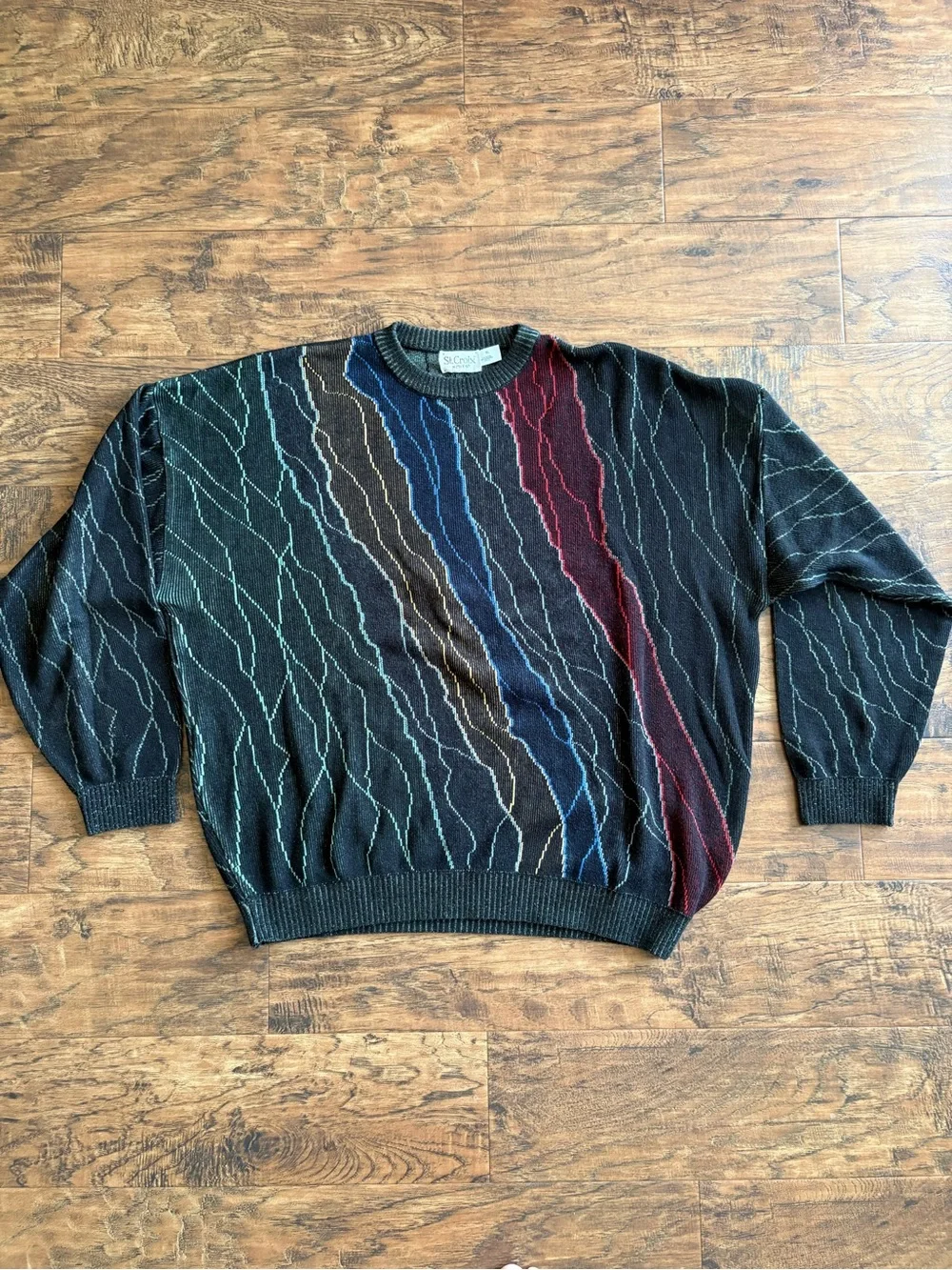 Vtg St. Croix Sweater Mens XL Multicolor Lightning Knit Textured Crewneck 90s